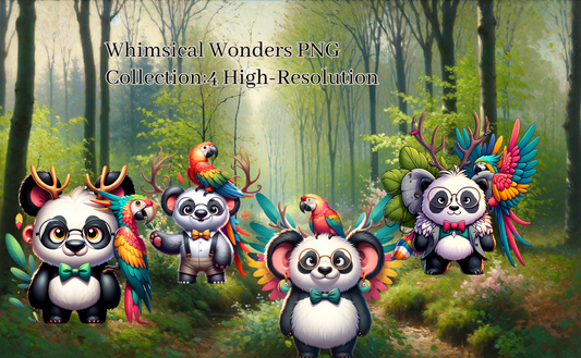 Whimsical Wonders PNG Collection:4 High-Resolution Animal Character Designs for Creative Gift Printing"